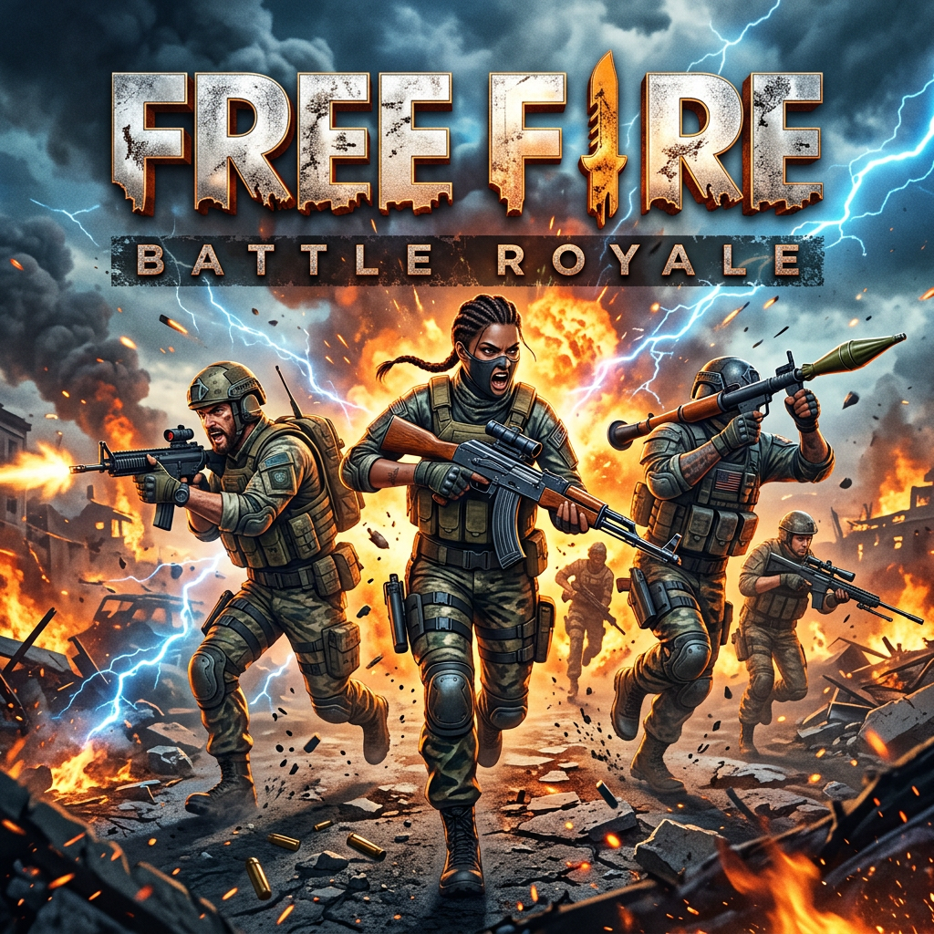 فريق من الجنود في ساحة معركة مع اسم اللعبة Free Fire