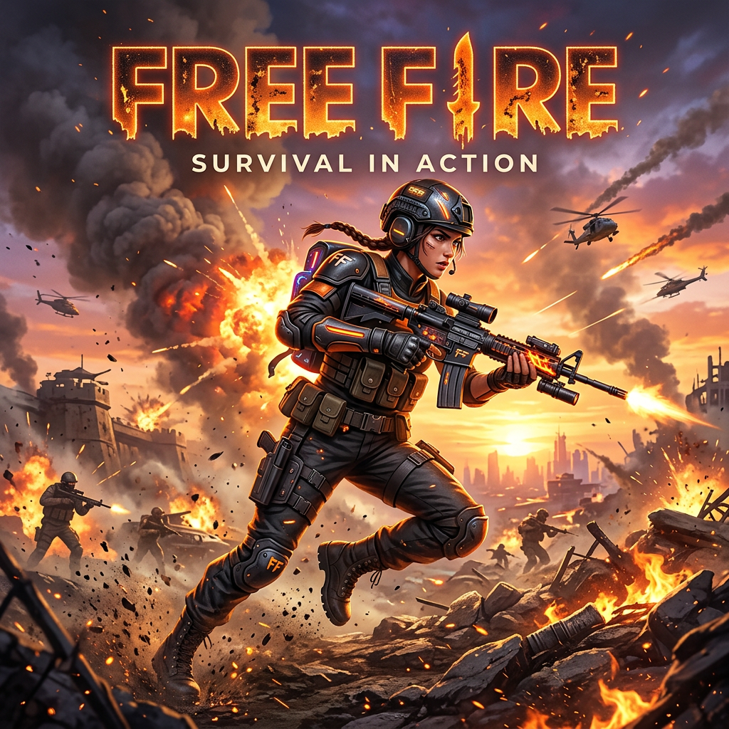 جندي بطل في ساحة معركة مع اسم اللعبة Free Fire
